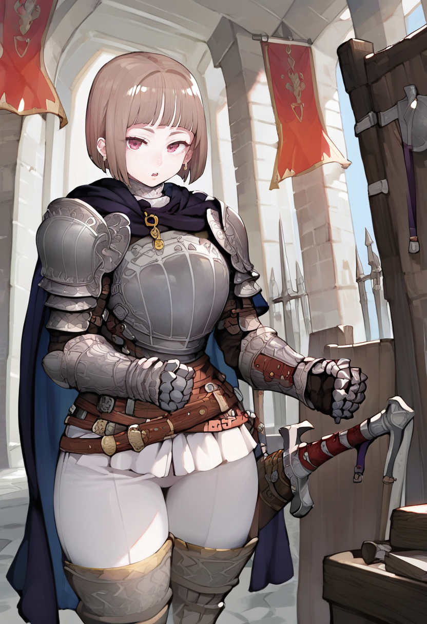 score_9, score_8_up, score_7_up, score_6_up, <lora:navigaviXL_P6_lokr_V53P1:0.95>  1girl, armor, solo, weapon, sword, shield, gauntlets, short hair, shoulder armor, belt, sheath, breastplate, earrings, looking at viewer, jewelry, bangs, brown hair, boots, knight, open mouth, sheathed, chainmail, pauldrons, thighhighs, purple eyes, white pants, cowboy shot, pants, cape, indoors, thigh boots, parted lips, blunt bangs, standing, bob cut, red eyes