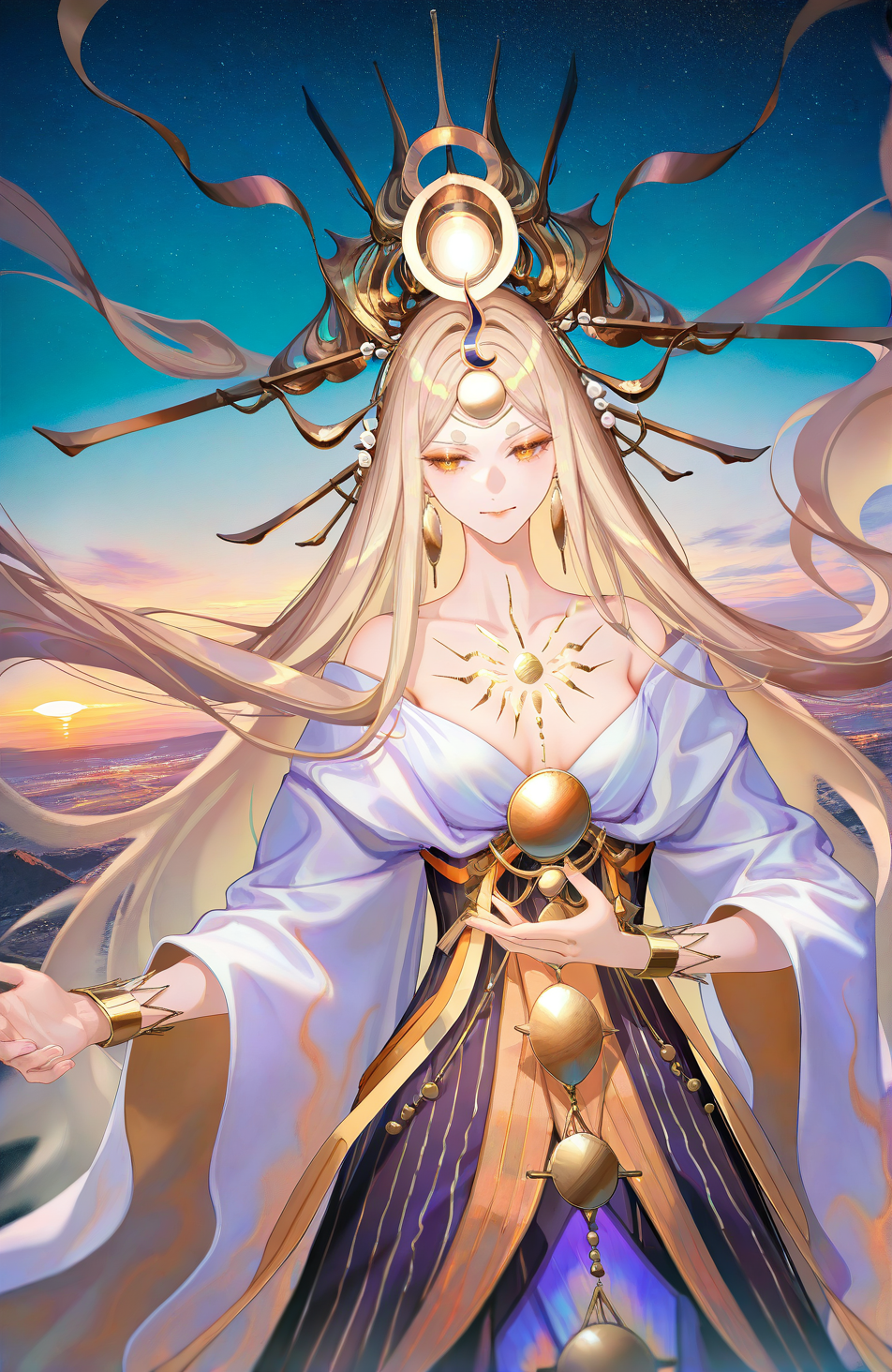 8k,best quality,masterpiece,(ultra-detailed),(high detailed skin),((artist:reoen),(artist:fuzichoco),(artist:atdan),(artist:torino_aqua),year 2024:0.8),[artist:wlop],[artist:ningen_mame],artist:ciloranko,[[artist:rhasta]],artist:tidsean,colorful,
sexualized,beautiful,bright pupils,long eyelashes,collarbone,narrow waist,<lora:detailed hand focus style illustriousXL v1:1>,
scenery,landscape,dramatic lighting,<lora:DetailedEyes_V3:1>,<lora:ClearHand-V2:1>,<lora:amaterasu(onmyoji)-000010:1>,amaterasu \(onmyoji\),long hair,very long hair,jewelry,dress,bare shoulders,hair ornament,bracelet,hair stick,crown,headpiece,white top,long sleeves,white sleeves,wide sleeves,long skirt,purple long skirt,ribbon,upper body,dawn, sunrise, stars