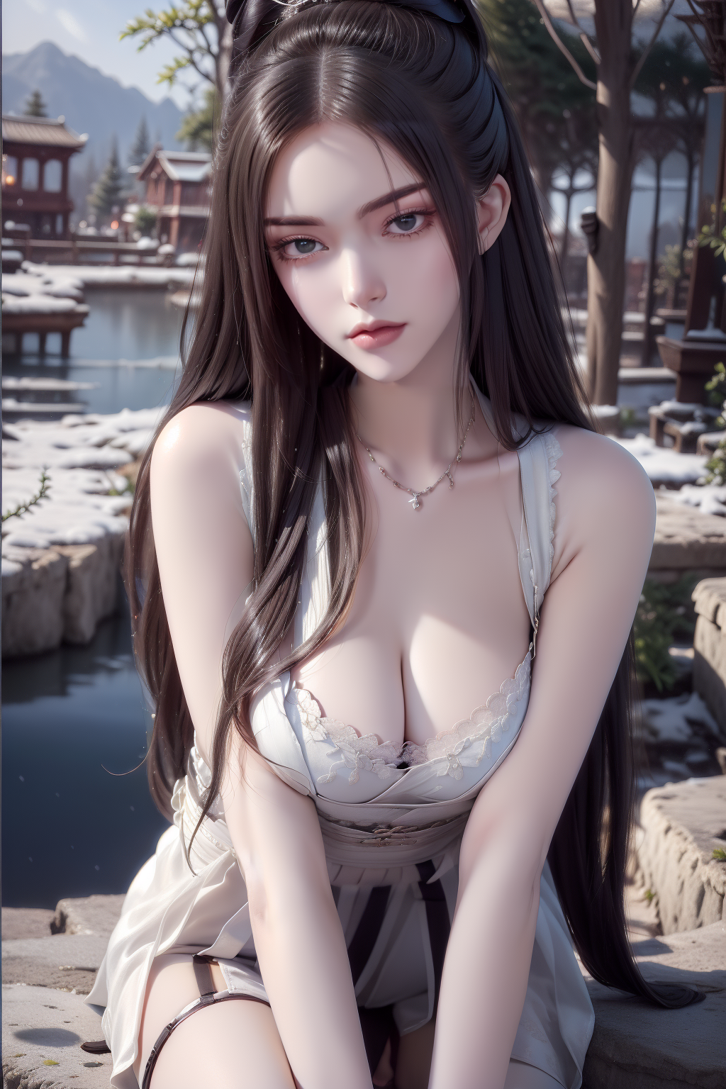 1girl, garter_straps, high_heels, breasts, underwear, solo, thighhighs, black_hair, garter_belt, standing, looking_at_viewer, cleavage, long_hair, lace_trim, lace, nail_polish,<lora:MIAOKA_fangqingxue_v1.0:1>fqx