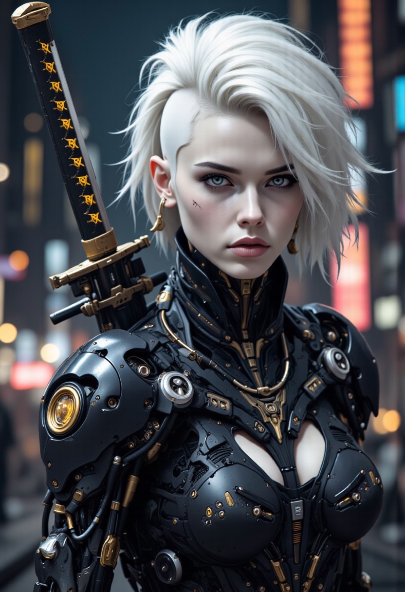 high angle camera view from above and at a distance, realism, skin texture style, Photo Quality Gorgeous Female Face, Ultra Pale Extremely White Skin, Tall White Mohawk Hair Punk Style with sides of head shaved, detailed facial expression, High details face, High detailed Eyes, Full Body view, Mecharmor, futuristic, Jet Black with Very Dark Gold Trim Exosuit, Heavy Mech, Dynamic Aggressive Combat Pose, busty breasts, Cleavage with Covered Nipples, Exosuit, Extremely Low V cut top, Power Armor, futuristic, Tactical Futuristic Samurai Sword, Perfect hand, Heavy Mech, Armor Color Jet Black with Very Dark Gold Trim, Robot, Full body, Ready to strike, futuristic, (off-center composition, left aligned, Portrait),  Detailed hand, battle-worn, Gothic Neon Cyberpunk Night City Cityscape Background, cinematic film still glamorous photo dark art by Rafael Zabaleta, expressionism art by Asger Jorn, vibrant, Abstract expressionism, experimental painting techniques, bold bright colors, dynamic compositions, Expressionism, emotive brushwork, brilliant tones, dramatic lighting, introspective themes. high fashion, luxurious, extravagant, stylish, sensual, opulent, elegance, stunning beauty, professional, high contrast, detailed. shallow depth of field, vignette, highly detailed, high budget, bokeh, cinemascope, moody, epic, gorgeous, film grain, grainy