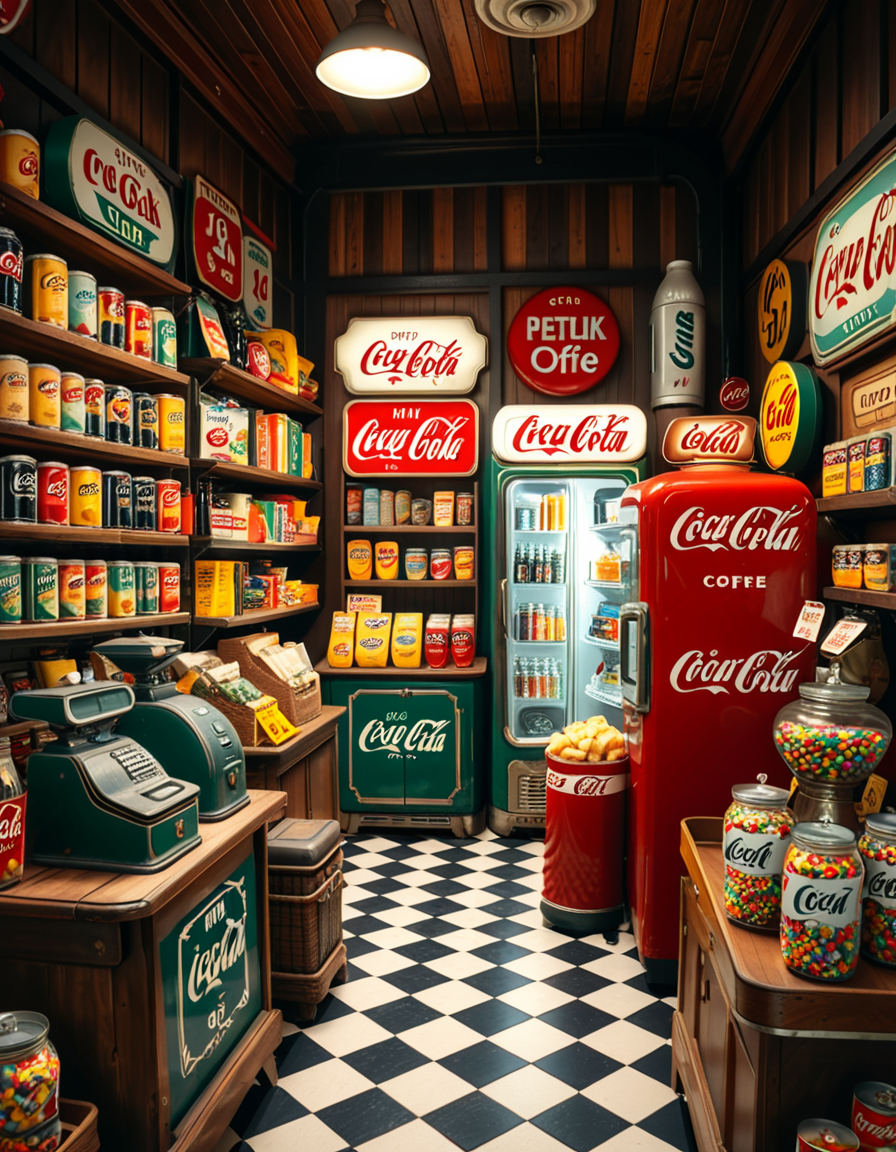 A vintage 1950s grocery store filled with nostalgic details. Wooden shelves neatly stocked with classic canned goods, glass soda bottles, and colorful retro packaging. An old-fashioned cash register sits on the wooden counter, next to a small scale for weighing produce. The checkered black-and-white tile floor adds to the mid-century charm, while hand-painted signs on the walls advertise milk, bread, and coffee in bold, retro fonts. A display of penny candy in glass jars sits near the entrance, and a vintage Coca-Cola refrigerator hums in the background. Soft, warm lighting casts a nostalgic glow over the scene, enhancing the rich textures of wood, glass, and metal, capturing the essence of a bygone era.
<lora:SDXLFaeTastic2400:0.4> <lora:extremely_detailed:0.4> extremely detailed
 <lora:1950s_grocery_st0r3:1>,1950s grocery st0r3, Masterpiece,best quality,hi res,8k,hi res,8k,award winning,(sharp focus, intricate, highly detailed),