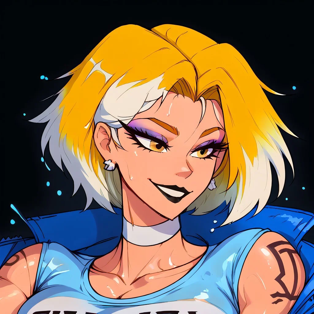4k, neon, glowing, vibrant, shiny, shiny skin, score_9, score_8_up, ((close up, upper body focus, portrait)), volumetric lighting, vibrant colors, highly detailed, female, solo, fluffy long hair, ((Black sunglasses)),
Smiling,
((Glowing gradient hair, multicolored hair, short hair, (yellow hair:1.5), (white hair:1.5))), earrings, choker, black lipstick, makeup, muscular, muscules toned, sweat, oiled up, oily skin, wet hair, wet, tattoos, leather blue jacket, t-shirt,
Black background, dark, no light,