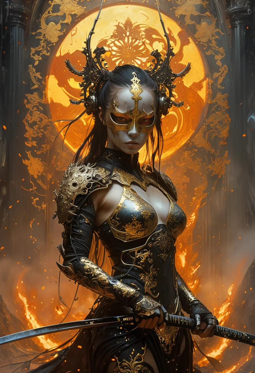 niji style, oil painting, masterpiece, best quality, hell lava art by Yoann Lossel, color style by Tom Haugomat, wear tiara of wires, cyberpunk iron mask, holding cyber katana, volumetric light, fighter pose, insanely detailed, cyberpunk ornate, action packed, full body standing, sun rising background.