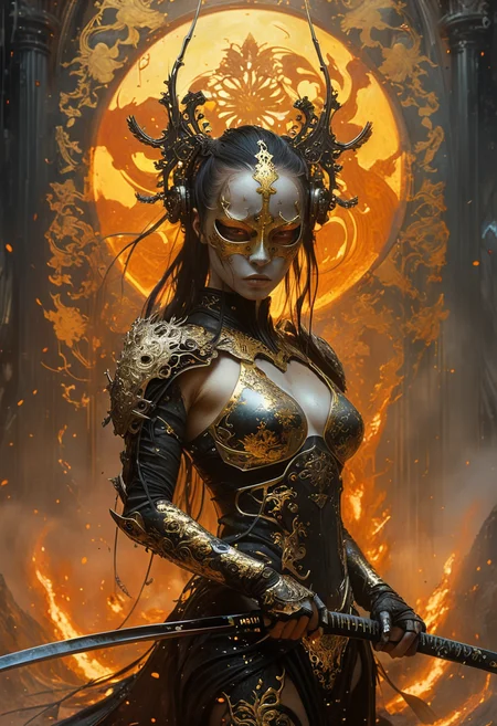 niji style, oil painting, masterpiece, best quality, hell lava art by Yoann Lossel, color style by Tom Haugomat, wear tiara of wires, cyberpunk iron mask, holding cyber katana, volumetric light, fighter pose, insanely detailed, cyberpunk ornate, action packed, full body standing, sun rising background.
