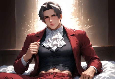safe_pos, safe_pos, full body,score_9, score_8_up, score_7_up,1man,dilf,mature,aged,first pov,,perfect eyes, perfect hands,expressive,scowl,good anatomy,good hands,dark hair,((5 fingers)),male,man,anime style,miles edgeworth,b eyes,red jacket,sinfully stylish,dramatic lighting,((detailed eyes)),open jacket, black vest,(visible torso),visible navel, revealing clothes,abdomen,detailed face,torso,rose,white ascot, red pants,black eyes,shaved facial hair,serious,stern,shaved beard, expression,resting on wrist,leaning on wrist,on bed,detailed background,indoor,detailed_background,anime character,masterpiece,laying,drinking wine,i,sipping wine,((realistic background)),,slim,very aesthetic,absurdres, wallpaper,hairy arms,hair between eyes,adult,30 years old,hair,lean,slender,curved lip,sexy,perfect eyes