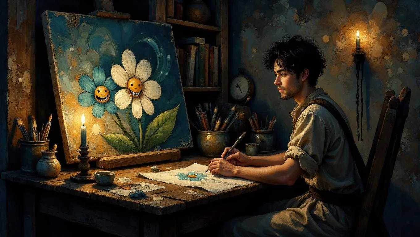 <lora:ck-swirlycircles-000015.safetensors:1> digital artwork in the style of ck-swc
In the quiet sanctuary of his small Parisian studio, the artist sat before a worn, wooden table, his eyes fixed on a canvas he had yet to begin. The room was dim, illuminated only by the gentle light of a flickering candle, casting long shadows over the walls. On the table before him lay a piece of paper, an ink drawing of two flower characters, each a stark contrast to the other. The first, a simple daisy with a round face, black dot eyes, and a friendly smile, surrounded by six light cyan petals. The second, a transformed version, with the same petal structure but a face that twisted into a malevolent grin, sharp teeth, and hollow, menacing eyes.
The artist, a man of 33 with a slender frame and dark, wavy hair, leaned back in his chair, his eyes reflecting the candle's glow. He was dressed in a simple tunic and trousers, the fabric bearing the marks of countless hours spent mixing pigments and wielding a brush. The drawing stirred a deep well of memories within him, memories of his youth and the stories his parents told him of the world's duality.
He remembered the troubadours in the city squares, their tales of heroes and villains, the light and the shadow. The innocent flower on the paper brought to mind the joy and innocence of his childhood, the simple pleasures of listening to stories and marveling at the art around him. But the malevolent flower, with its sharp teeth and hollow eyes, reminded him of the darker truths he had come to understand as he grew older. The world, he realized, was not just a canvas of light and color but also of shadows and depths.
As he sat in silence, the artist's mind wandered through the years, from the apprenticeship with his kind master to the journeyman years that broadened his horizons. Each stroke of the brush, each choice of color, had been a step in his journey to understand the complex tapestry of life. The two flowers on the paper were a symbol of that journey, a reminder of the innocent beginnings and the darker insights that followed.
With a deep breath, he picked up his brush, dipped it into the pigments, and began to paint. The canvas, once blank, slowly came to life with the duality of his world, a world of light and shadow, of innocence and complexity. Through his art, he sought to capture the essence of his reflections, to share the layers of his soul with those who would gaze upon his work.