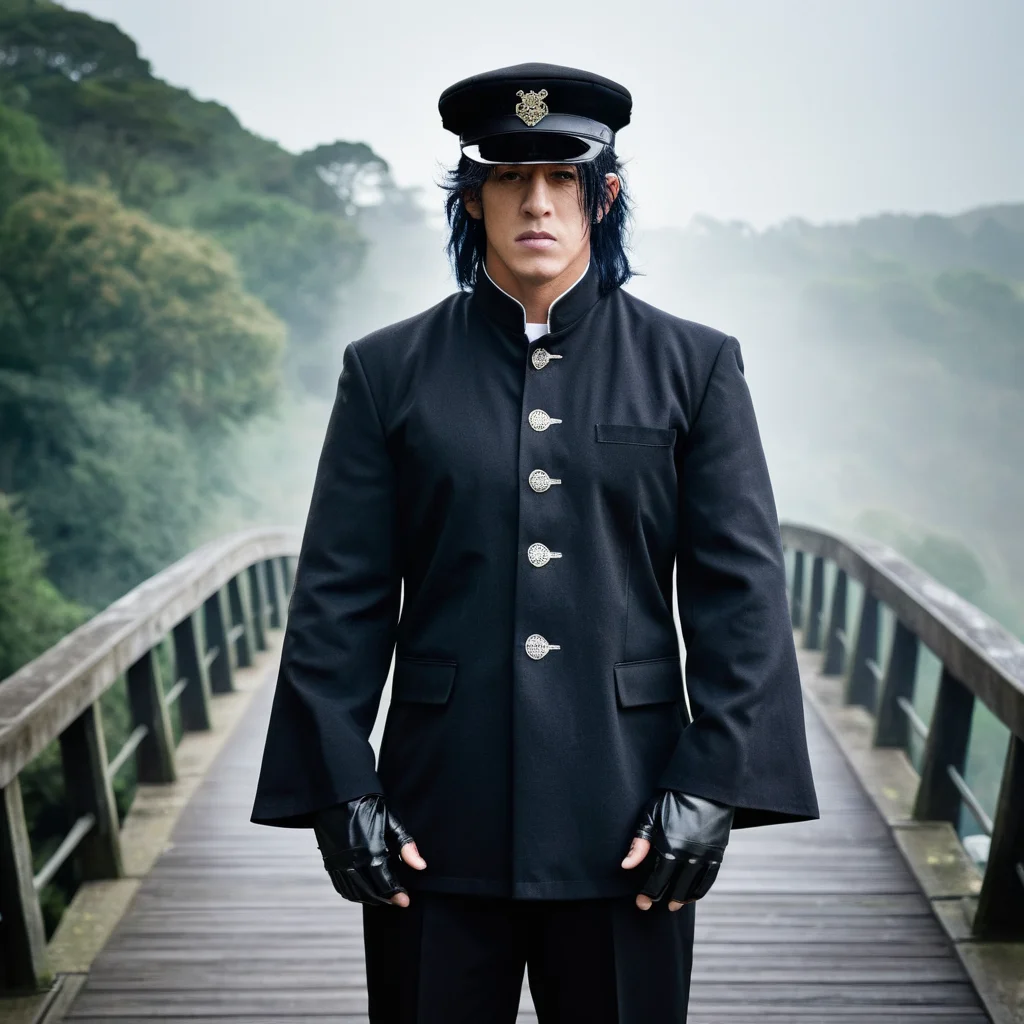 Create a portrait in a realistic style, featuring the Undertaker dressed in a traditional junior high school uniform, including a classic Gakuran jacket with its distinctive stand-up collar and five metal buttons, paired with straight-legged trousers. He is adorned with black gloves, a flowing cloak, and a hat, adding a mysterious aura to his appearance. The setting is on a bridge, capturing the Undertaker's commanding presence against the backdrop of a misty, early morning landscape, with the bridge's architecture accentuating the timeless and enigmatic character of the scene,<lora:gakuran:0.8>
