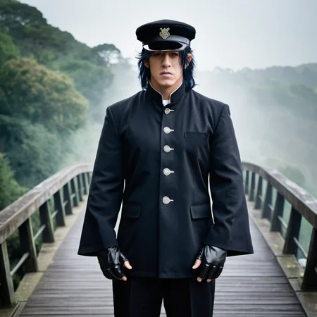Create a portrait in a realistic style, featuring the Undertaker dressed in a traditional junior high school uniform, including a classic Gakuran jacket with its distinctive stand-up collar and five metal buttons, paired with straight-legged trousers. He is adorned with black gloves, a flowing cloak, and a hat, adding a mysterious aura to his appearance. The setting is on a bridge, capturing the Undertaker's commanding presence against the backdrop of a misty, early morning landscape, with the bridge's architecture accentuating the timeless and enigmatic character of the scene,<lora:gakuran:0.8>