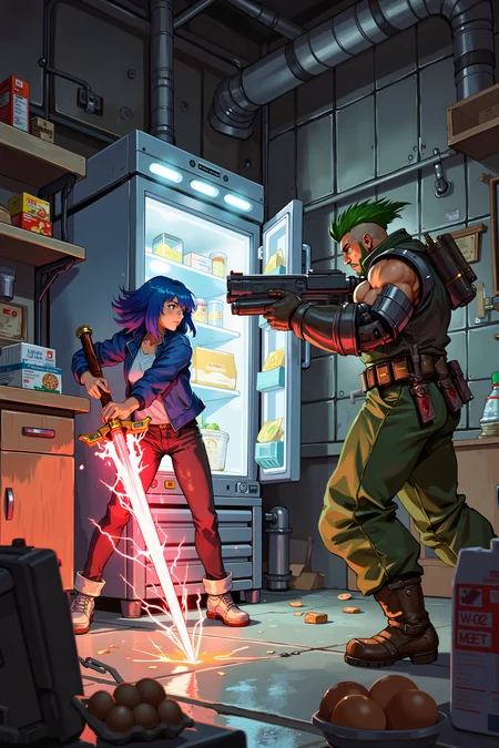 a chaotic scene in a futuristic, industrial setting. In the foreground, a blue-haired woman with a determined expression is wielding a glowing red energy sword, her body positioned in a fighting stance. She is dressed in a blue jacket, and her sword emits a bright, intense light. To the right, a muscular man with a green mohawk and a green outfit is aiming a futuristic gun at her, his expression fierce. He has a large, mechanical arm and a belt with various pouches and tools.In the background, the room is cluttered with shelves and containers filled with various items, including food, tools, and supplies. A large, illuminated refrigerator stands prominently in the center, with a partially open door revealing a glimpse of its contents. On the floor, there are scattered objects, including a carton of eggs and a box of cereal. The walls are metallic and industrial, with exposed pipes and wiring, contributing to the overall gritty, dystopian atmosphere.The lighting is dramatic, with bright highlights and deep shadows, emphasizing the intensity of the scene. The color palette is predominantly cool blues and grays, with striking reds and yellows from the energy sword and other light sources.<lora:XRSTYLE_FLUX:0.5><lora:RetroAnimeFluxV1:0.4><lora:MoriiMee_Gothic_Niji_Style_FLUX:0.3>