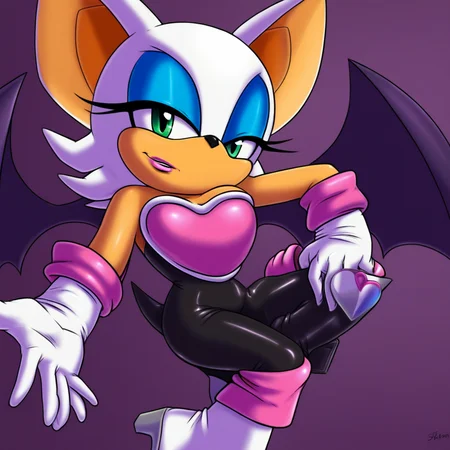 rouge, short hair, white hair, green eyes, bat ears, bat girl, bat tail, bat wings, furry female, makeup, eyeshadow, eyeliner, bare shoulders, elbow gloves, gloves, white gloves, bodysuit, boots, knee boots, white footwear,