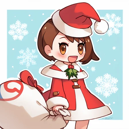 score_9, score_8_up, score_8, medium breasts, (curvy), cute, eyelashes, BREAK, , BREAK, gloria (pokemon), brown eyes, brown hair, <lora:Gloria_Pokemon_P1:0.8>,, zzPadoru, blush, smile, open mouth, meme, holding sack, santa hat, dress, ,<lora:PadoruMemePDXL:1.0>, ,<lora:Style55_PDXL:0.3>, , BREAK, smile, looking at viewer, cowboy shot, embedding:zPDXL, Expressiveh, <lora:Expressive_H-000001:0.4>,