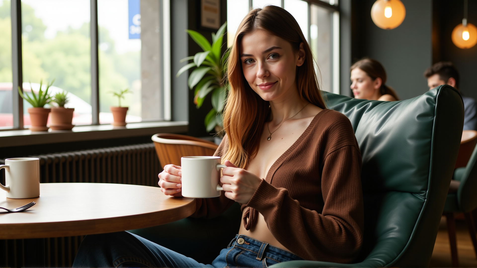 sci-fi style a slim elegant woman sitting in a cafe holding a large mug of coffee in her hands
she has a heavy lower lip and hollow cheeks, she appears to be 30 years old
her eyes are an intense green colour and her long flowing hair is a (brilliant auburn colour:1.2)
she's looking at the viewer across a low table, she's sitting in a large comfy chair with her feet tucked up beside her
she's wearing jeans and a (cropped:1.3) woolen jumper with a low neckline and  long baggy sleeves, the top is tied in a knot at the front
she looks very relaxed and happy, her eyes glitter, . futuristic, technological, alien worlds, space themes, advanced civilizations, score_9, score_8_up, score_7_up, hyperdetailed, hyperrealistic,  best quality, (masterpiece:1.3),high-definition, intricate details, volumetric lighting, symmetrical face, level eyes,