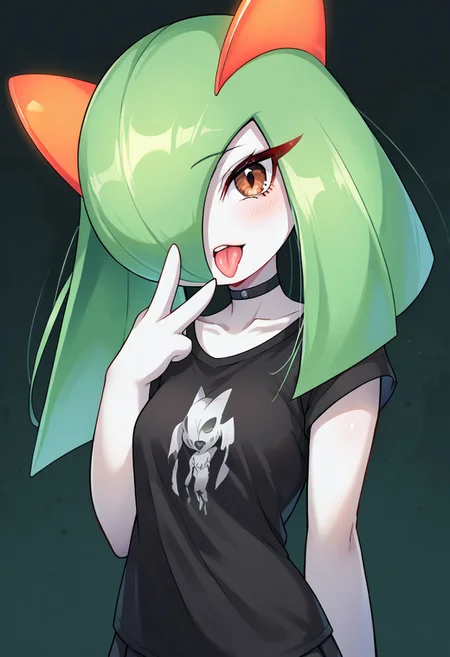 (((Kirlia))), female, anthor, score_9, score_8_up, score_7_up, source_anime, ,
 1girl, Kirlia , long hair, emerald green hair, brown eyes, black shirt, t-shirt, black choker, goth, eyeliner, eyeshadow double middle finger, tongue out,, pale white skin