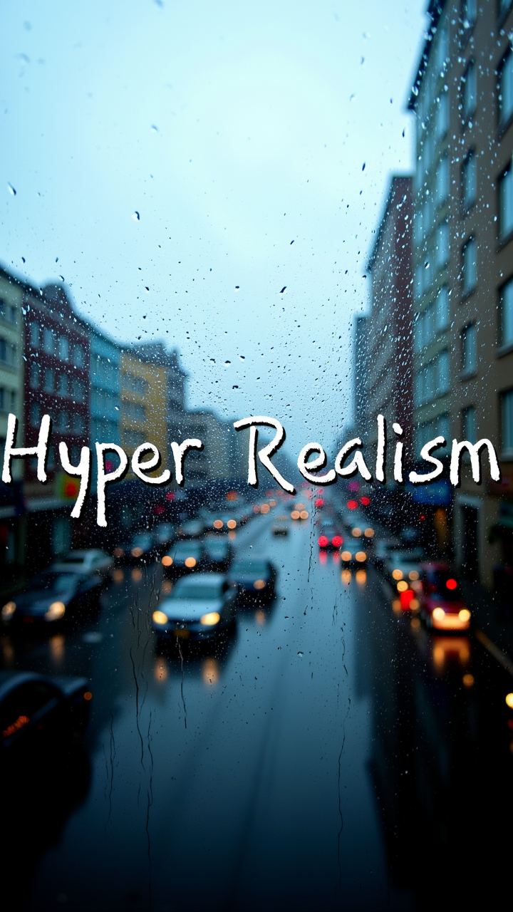 A hyper-detailed shot of a rain-soaked window, with raindrops dripping down and reflecting the cityscape outside. The text "Hyper Realism" is faintly visible in the condensation on the glass.   , aidmaHyperrealism, aidmatextimprover