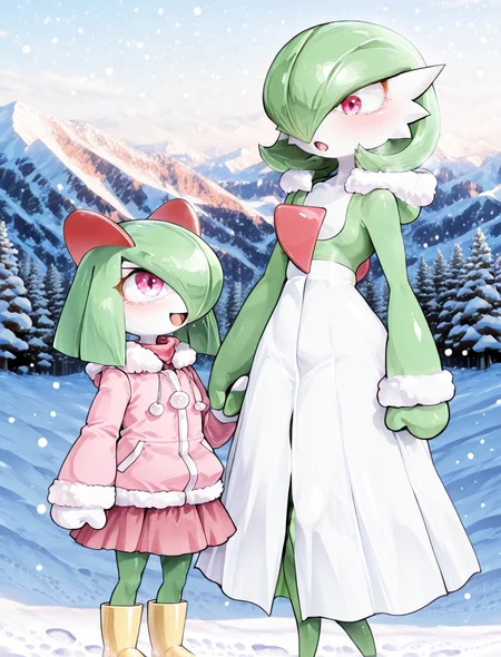 (2girls:1.5), (general:1.3), (detailed background:1.5), <lora:CoutureCraze_IXL:1> C0utur3Cr4z3, snow, mountain, tree, snowing, happy, footprints, holding hands, height difference, (looking at another:1.2), BREAK
<lora:Gardevoir_-_V3_Natural:1> (((gardevoir))), female, Anthro, ((pale white skin)), coat, fur-trimmed coat, long skirt, boots, gloves, BREAK
<lora:Kirlia_-_IL_Version:1> (((Kirlia))), female, anthro, jacket, hooded jacket, fur-trimmed jacket, rubber boots, mittens, BREAK
dramatic shadows, cinematic lighting, (photo background:1.1), Neromashin_Style_SKNSFW, P3ng01nd00, S0d3v111111m0, (8K resolution:1.2), (masterpiece:1.2), best quality, amazing quality, very aesthetic, absurdres, newest, (ultra detailed:1.3), (uhd:1.1), <lora:ishikeXLillokrV53P1T1:0.5> <lora:AIã¤ã©ã¹ããããã_style_illustrious_goofy:0.5> <lora:ahemaru_777:0.65> <lora:Neromashin_Style_SKNSFW:0.55> <lora:Penguindou:0.35> <lora:Sodeviiiiiimu_Style:0.4> <lora:cfg_scale_boost:0.7> <lora:Smooth_Booster_v2:0.5> <lora:StS-Illustrious-Detail-Slider-v1.0:3.0> BREAK