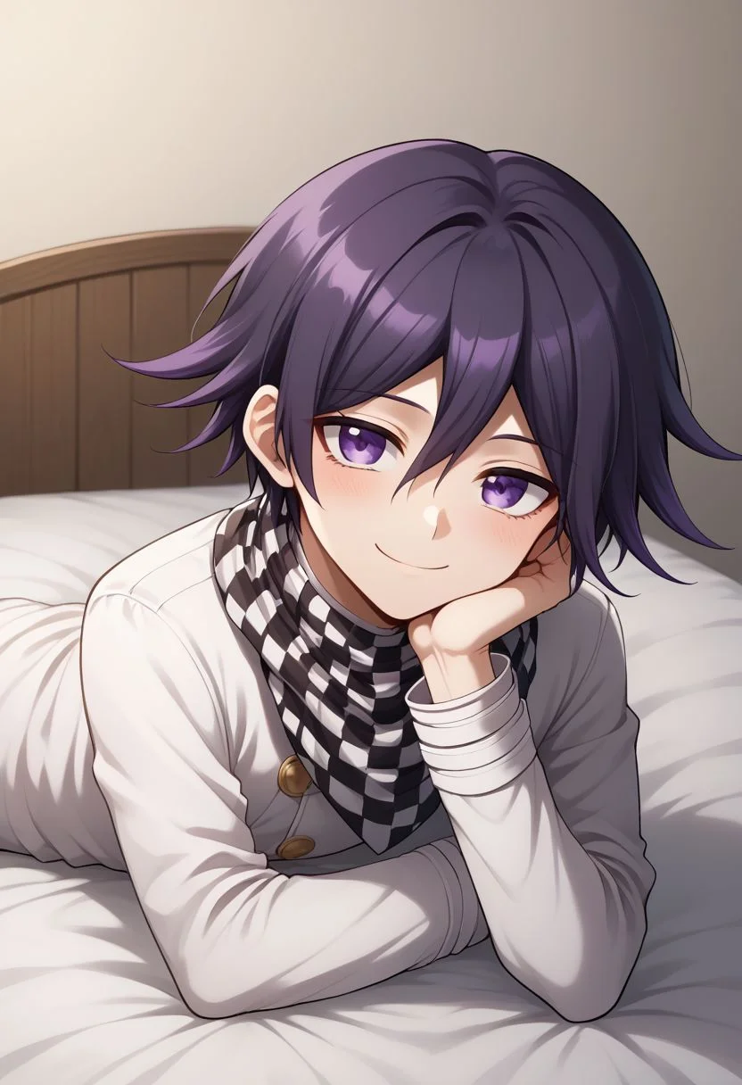 score_9, score_8_up, source_anime, highly detailed, 1boy, solo, skinny, cute, short,
kokichi, male focus, 1boy, solo, checkered clothes, checkered scarf, scarf, purple eyes, bangs, straitjacket, purple hair, 
indoor, bed, lyong on bed, head rest, smile,