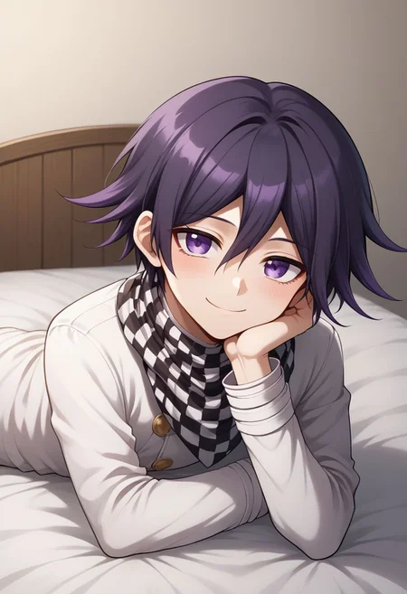 score_9, score_8_up, source_anime, highly detailed, 1boy, solo, skinny, cute, short,
kokichi, male focus, 1boy, solo, checkered clothes, checkered scarf, scarf, purple eyes, bangs, straitjacket, purple hair,
indoor, bed, lyong on bed, head rest, smile,