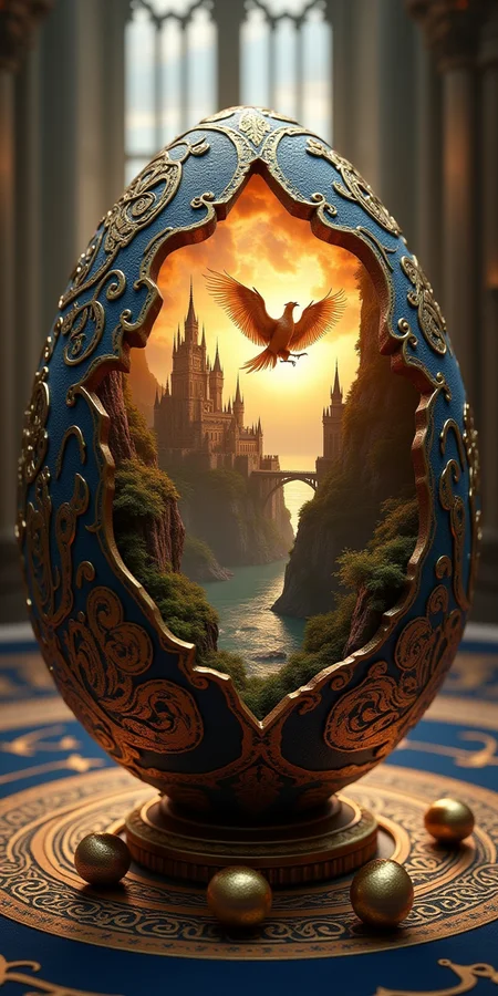 The image showcases a highly detailed, ornate egg that serves as a portal or a window into a fantastical scene. The egg itself is intricately designed with elaborate gold and blue filigree, giving it a luxurious and mystical appearance. The surface of the egg is decorated with patterns resembling ancient runes or magical symbols, further enhancing its enchanted vibe.
The egg is partially opened or cracked, revealing a vivid, magical world inside. This inner world features a grand, medieval-style castle with towering spires, situated on a rugged cliff overlooking a serene river or lake. The castle and its surroundings are bathed in a golden light, suggesting either a sunrise or sunset, casting warm tones across the landscape.
A large, majestic bird, possibly a phoenix or an eagle, is depicted emerging from the egg, its wings outstretched as if in flight. The bird is intricately detailed, with feathers that shimmer with hints of gold and blue, blending seamlessly with the egg’s ornate design.
The background of the image features a grand hall or cathedral-like interior with towering, arching windows that allow soft, ambient light to pour in, creating a mystical atmosphere. Scattered around the base of the egg are small, golden orbs or eggs, possibly magical artifacts or treasures, lying on a surface adorned with more intricate designs and patterns.
The overall composition of the image blends elements of fantasy, magic, and luxury, creating a striking and otherworldly visual. The egg acts as a gateway to a magical realm, inviting viewers to explore the fantastical world within.