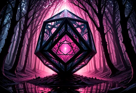 (masterpiece,best quality: 1.2), (very aesthetic: 1.2), 4k,dynamic pose,(dynamic pose: 1.2), vivid color,deep colors ,cinematic light, vector art, intricate details, volumetric shadows,Expressiveh,perspective,*Channel_42*,zydink,ink sketch,surrealism,liminal space, black icosahedron with pink lines,(The tree inside the icosahedron: 1.2), glare, reflections, sunlight, white background, crystal tree