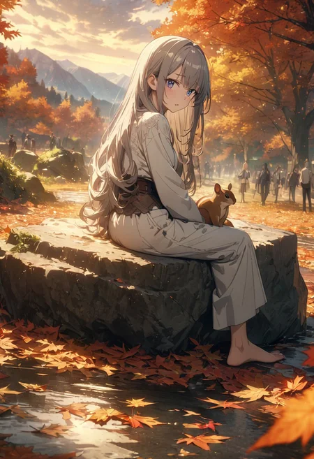 gorgeous lips, cinematic, (masterpiece), (best quality), (ultra-detailed), very aesthetic, illustration, perfect composition, intricate details, absurdres, detailed face, (anime, masterpiece, intricate:1.3), (best quality, hires textures, high detail:1.2), (4k),(incredibly detailed:1.4)
Footbath, beautiful girl, foot of a mountain, sitting on a rock, autumn leaf-colored hair, long hair, evening, autumn, mountain far from the city center, countryside, squirrel on shoulder, cloudy white footbath, perfect quality, cute, people who look at it Looking back, beautiful scenery, high resolution, white blouse,背景 ジブリ, 背景, ジブリ,<lora:more_details:0.5>
