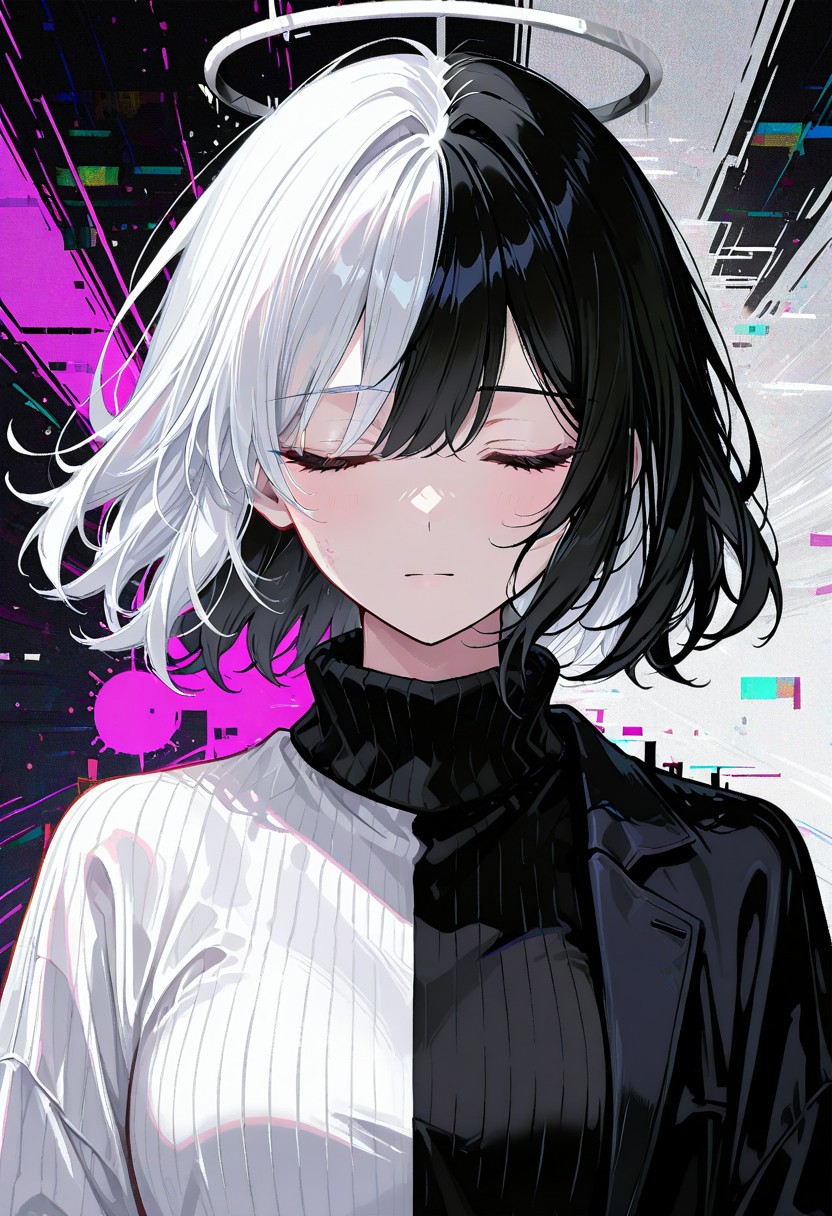 d_up, 1girl, black hair, short hair, closed eyes, white hair, multicolored hair, medium hair, shirt, turtleneck, sweater, long sleeves, turtleneck sweater, jacket, glitch, upper body, abstract background, white shirt, halo