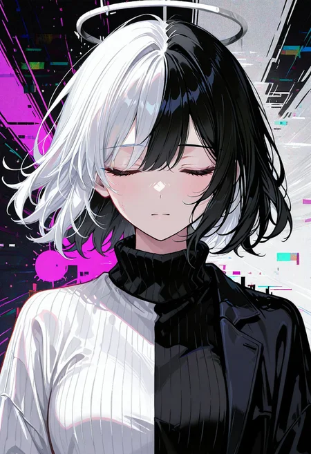 d_up, 1girl, black hair, short hair, closed eyes, white hair, multicolored hair, medium hair, shirt, turtleneck, sweater, long sleeves, turtleneck sweater, jacket, glitch, upper body, abstract background, white shirt, halo