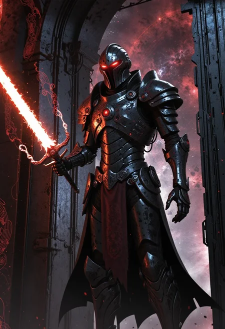 Gothic scifi illustration of a grim armored figure, his armor adorned with contraptions and pulsating with a deep crimson light. His arm raised holding up a greatsword forged from dark matter devouring the light around it, its blade is (pointed down:1.2) and (surrounded by swirling cosmic energy:1.2). The setting is a haunted tech ruin, the walls lined with data crystals with circuit-lines and holographic arrays like flickering screens displaying glitching cryptic messages. A sense of dread permeates the air, as the protagonist prepares to confront the malevolent forces that haunt the station's corridors. <lora:dmd2_sdxl_4step_lora>
