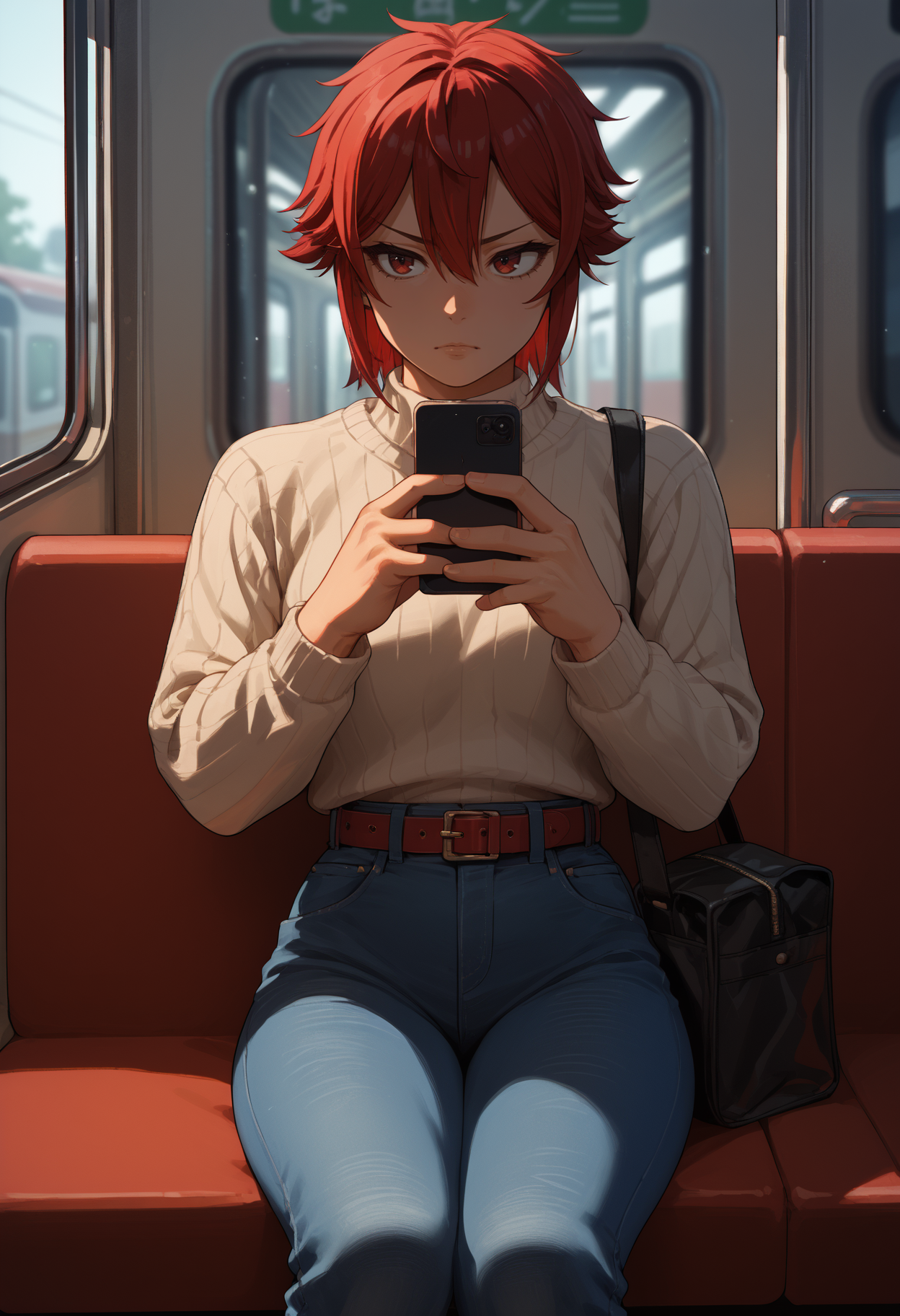 sweater,tight clothing,sitting,subway,looking at phone,high-waist jeans,bag,belt, score_9, score_8_up,score_7_up, source_anime, 1girl, solo, <lora:aizwtm_pdxl_EliPot:1>, aizawatomo, red hair, short hair, red eyes, tomboy, toned, muscular female,