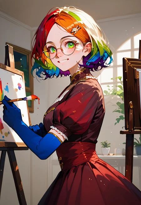 score_9, score_8_up, score_7_up, score_6_up, source_anime, 1girl, solo, leodv, short intricate hair, parted bangs, perfect eyes, glasses, brown dress, short puffy sleeves, red skirt, blue gloves, elbow gloves, blue thighhighs, big breasts, easel, smile, indoors, from side, holding paintbrush, painting a self-portrait, zPDXL3, wadufuk1, vivid colors, striking visuals, Mycelia, (rainbow colored hair:1.2), candy hairclip, round glasses, green eyes, freckles, petite