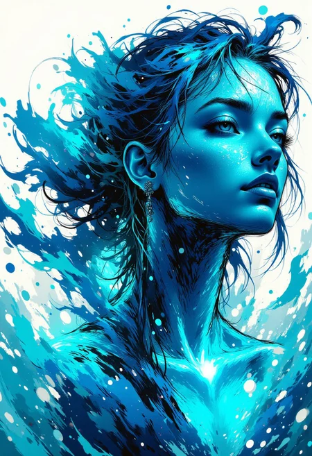 Silhouette Art, magnificent. female oriental water elemental, long blue hair, bangs, pulsing with water and blue electrical energy, cyan and teal background