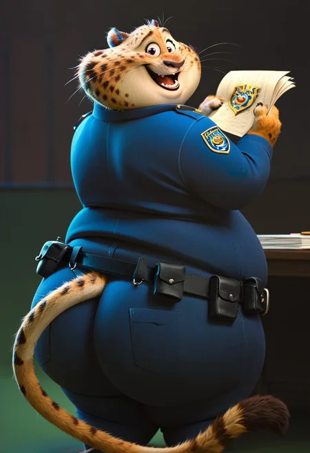 score_6_up, score_9, score_8_up, obese, 1boy, solo, furry, whiskers, police uniform, police, belt, tail, rear view, plump ass, hyper ass, round butt, wide hips, thick thights, short legs, rear view, looking back, smiling, behind a table, holding papers,