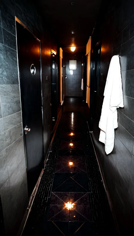 UHD, 8K, ultra detailed, highly realistic photo of black theme, dark hallway, white towel, indoors, open doors, no humans, scenery, door, tiles, tile floor, hallway, gaybathhouse, (high resolution 8K photo quality:1.3), black theme, dark hallway, white towel, indoors, open doors, no humans, scenery, door, tiles, tile floor, hallway, gaybathhouse, beautiful, perfect, atmosphere, glowing, colorful intricate, epic, cinematic, focus, highly detailed, clear, gorgeous, coherent, detail, rich, artistic, color, complex, amazing, shiny, brilliant, bright