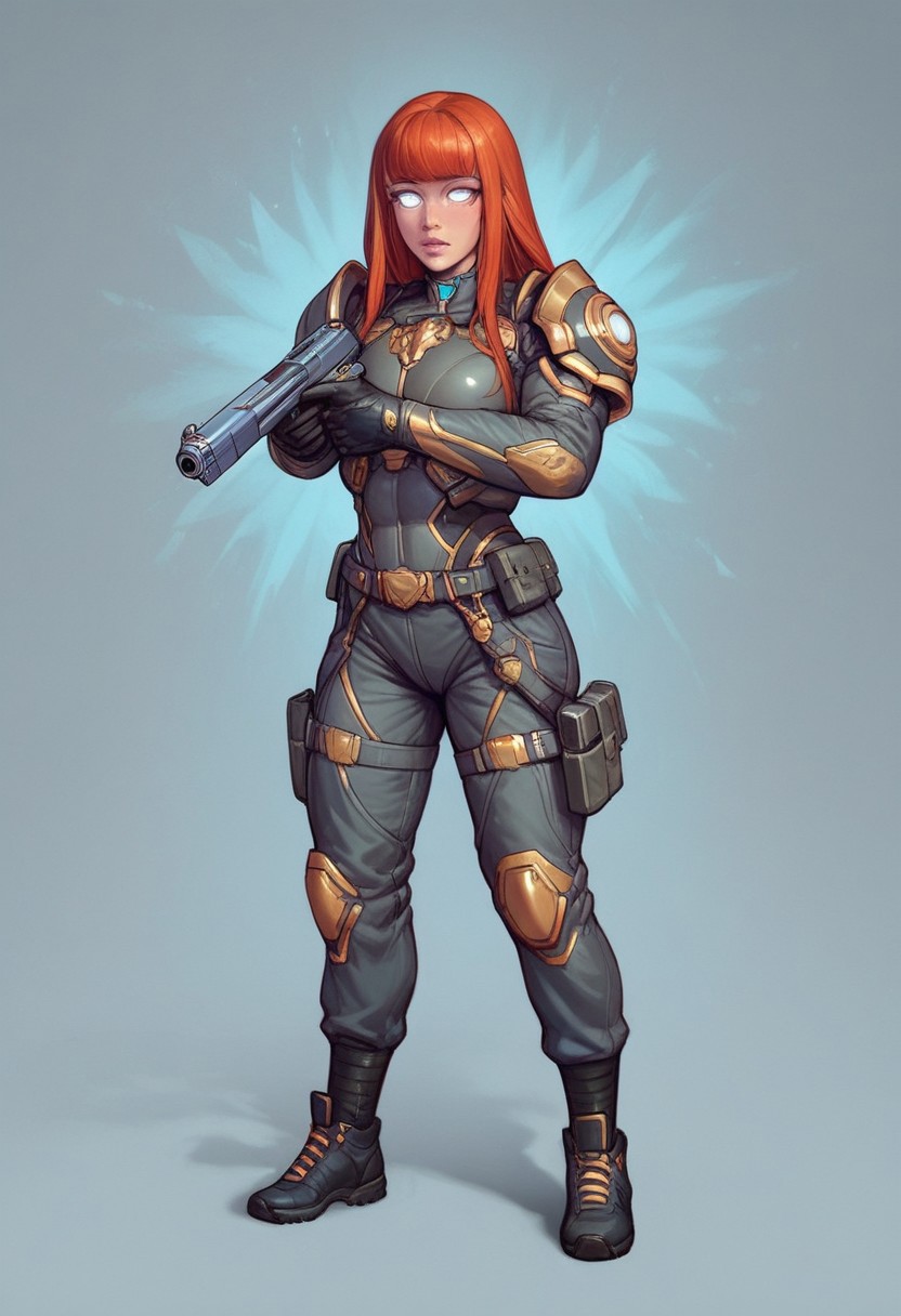 ((1girl, cute face, standing in wastelands, sands, dynamic pose,
Glowing aura surrounding a futuristic character like the Nomad, clad in a futuristic detailed brown suit handmade, (((army body armor))) patches on suit, redhead, long bangs,holographic blue light streaks, full face gasmask, (big shining white eyes without pupils:1.5), dynamic pose)), 
BREAK 
((((full closed)))), (((big futuristic gun in hands, sci-fi gun in hands)))
score_9, score_8_up, score_7_up, score_6_up, source_cartoon, rating_explicit, Expressiveh, (((((full body))))), dynamic pose, (big shining white eyes without pupils:1.5)