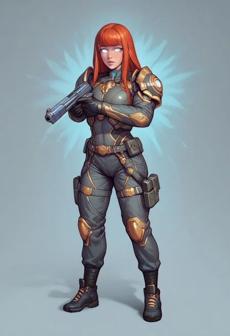 ((1girl, cute face, standing in wastelands, sands, dynamic pose,
Glowing aura surrounding a futuristic character like the Nomad, clad in a futuristic detailed brown suit handmade, (((army body armor))) patches on suit, redhead, long bangs,holographic blue light streaks, full face gasmask, (big shining white eyes without pupils:1.5), dynamic pose)),
BREAK
((((full closed)))), (((big futuristic gun in hands, sci-fi gun in hands)))
score_9, score_8_up, score_7_up, score_6_up, source_cartoon, rating_explicit, Expressiveh, (((((full body))))), dynamic pose, (big shining white eyes without pupils:1.5)