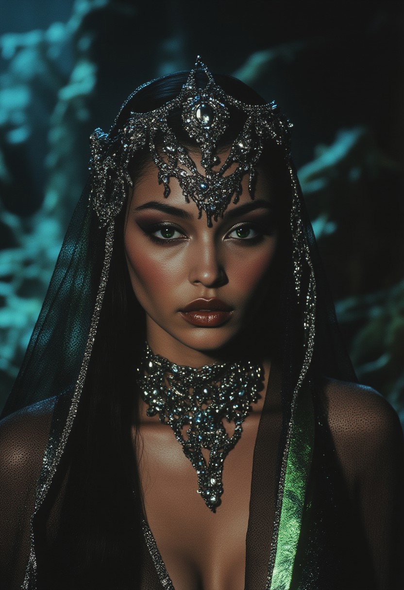 ArsMovieStill, 80s Fantasy Movie Still, In the depths of a mystic reverie, a dark-skinned enchantress materializes, her presence a whispered secret in the velvet darkness. Her eyes, like shattered emeralds, glimmer with an unholy light, as if the very essence of the forest has been distilled into their piercing gaze. A tattered, lace-like veil, a gossamer whisper of forgotten dreams, clings to her skin like a damp, moonlit mist, casting an eerie, silvered glow across her features. The light that bathes her is a crazed, flickering thing, a mad dance of sunbeams and shadowy tendrils that twist and writhe like living serpents around her face. Upon her head, a crown of jagged, chrome splinters reigns, its diamonds flashing like a riot of fireflies on a summer's night, as a diamond-encrusted necklace slithers around her neck like a glittering, venomous serpent. A face ornament, a delicate, bejeweled latticework, sprawls across her cheeks and forehead like a mad, its silver chains and diamonds glinting with a manic, fevered light, as if the very fabric of reality has been torn asunder to reveal a glimpse of the surreal, dreamlike realm that lies beyond. And yet, amidst this maelstrom of color and light, the enchantress remains, a serene, unyielding presence, her gaze a cold, dark mirror that reflects the very soul of the viewer, drawing them in with an otherworldly allure, a siren's call that beckons them deeper into the heart of the madness.