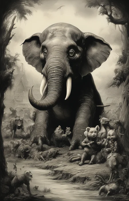 masterpiece,best quality,<lora:tbh274-sdxl:0.9>,illustration,style of Thomas Nast animals