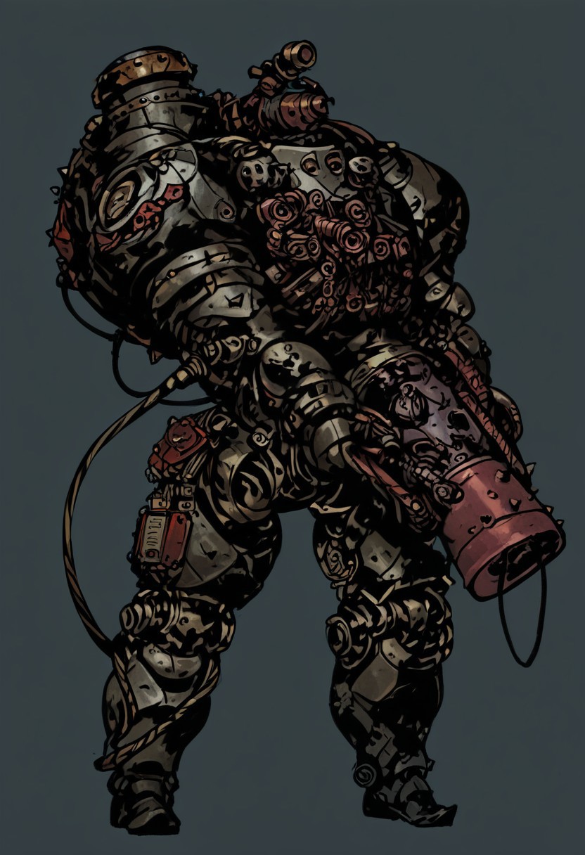 solo, robot knight, Gol3em, Rock Golem, score_9, score_8_up, score_7_up,, comicish artwork in dgst artstyle, holding a musket, simple background, reelmech, mechanical parts, cable, wires, machinery, joints, body suit, mcnm