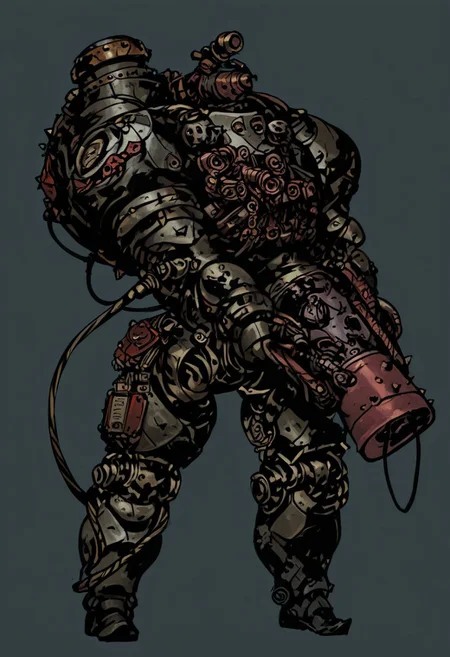 solo, robot knight, Gol3em, Rock Golem, score_9, score_8_up, score_7_up,, comicish artwork in dgst artstyle, holding a musket, simple background, reelmech, mechanical parts, cable, wires, machinery, joints, body suit, mcnm
