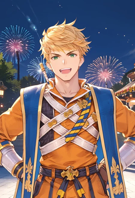 score_9, score_8_up, score_7_up, score_6_up, masterpiece, best quality, ,source_anime,Expressiveh, absurdres, 
//Fashion,
//Background, fantasy world village, festival, fireworks,
//Others, 1boy , solo,  male focus,
//Action,  dynamic pose,  light smile, open mouth, front view, close up,
BREAK,
//Character,VaneGBF, blonde hair, green eyes