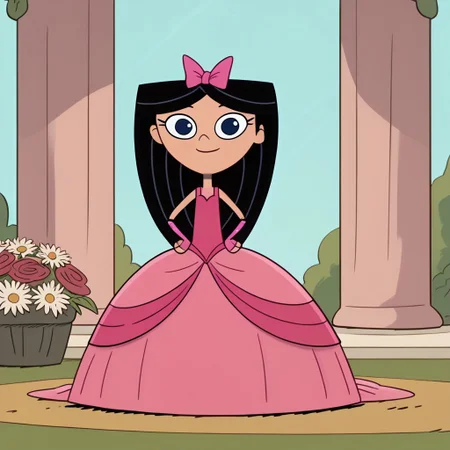 score_9, score_8_up, score_7_up BREAK IsaPF, 1girl, long black hair, dark blue eyes, pink bow, very long large straight tulle pink princess ball gown hoop skirt, ball gown hoop skirt, pink princess dress, hoopdress, my big princess gypsy wedding dress, ballgown, a girl in a dress posing for a picture, wearing long elbow length pink fingerless hook bridal gloves, she is smiling, closed mouth, ballgown, sexy pose, CrinolineDress, USE FACEFIX, cartoon, source_cartoon, smiling at viewer, full body, flower garden outdoors, flowers background, hands on hips,