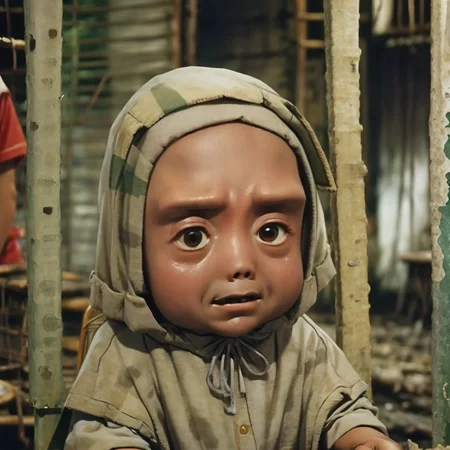 (high quality, masterpiece), close up, (kokey_korekok, weird face, small), (stand, slums of Manila, 1980s), (depth of field), realistic, <lora:kokey_lora:0.8>