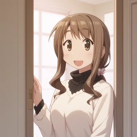 score_9, score_8_up, score_7_up, <lora:Yuyushiki Pony:1> yuyushiki, matsumoto yoriko, turtleneck, upper body, leaning to the side, happy, opening door,
