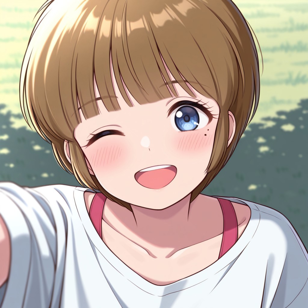 masterpiece, best quality, 32k, high resolution, absurdres, hiyama hikaru, collarbone, outdoors, mole, one eye closed, pov, looking at viewer, blush, smile, open mouth, upper teeth only