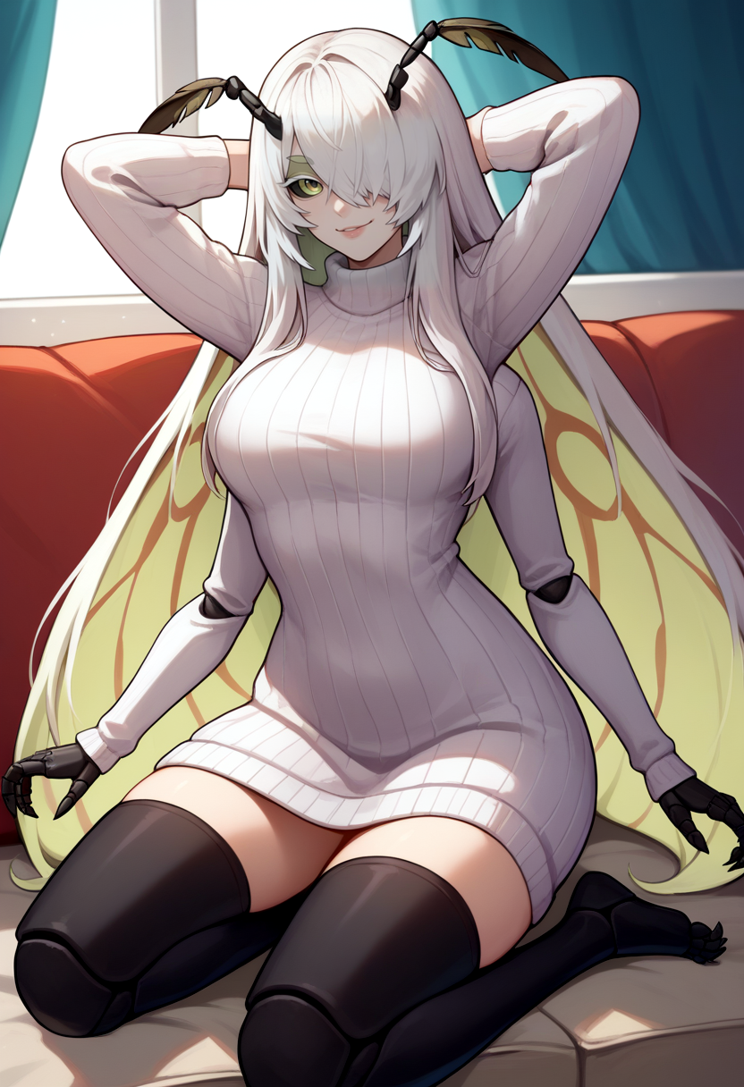 score_9, score_8_up, score_7_up, source_anime, solo, 1girl, juniperactias, arthropod girl, white skin, extra arms, seductive smile, looking at viewer, arms behind head, long hair, white hair, hair over one eye, antennae, colored sclera, white sweater, sweater dress, black thighhighs, wings, indoors, living room <lora:oc_juniperactias_ponyXL:1>