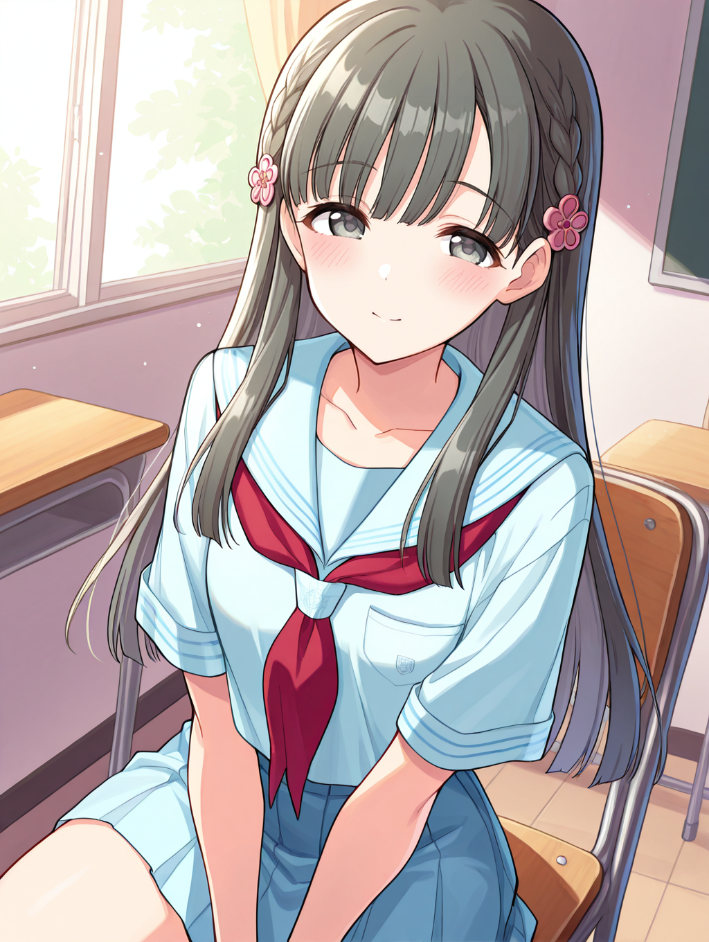 masterpiece,best quality,very aesthetic,absurdres,highres,newest,
1girl,solo,
kbykwse school,kobayakawa sae,bangs,blue skirt,blunt bangs,collarbone,flower,
grey eyes,black hair,
hair ornament,highres,long hair,
neckerchief,pleated skirt,sailor collar,school uniform,serafuku,shirt,short sleeves,skirt,white shirt,
blue sailor collar,blue serafuku,blue shirt,blush,red neckerchief,
eyebrows visible through hair,braid,
flower,hair flower,hair ornament,highres,
bangs,blunt bangs,bow,
<lora:idolmaster_kobayakawa_sae_ill_v1.0:1>,