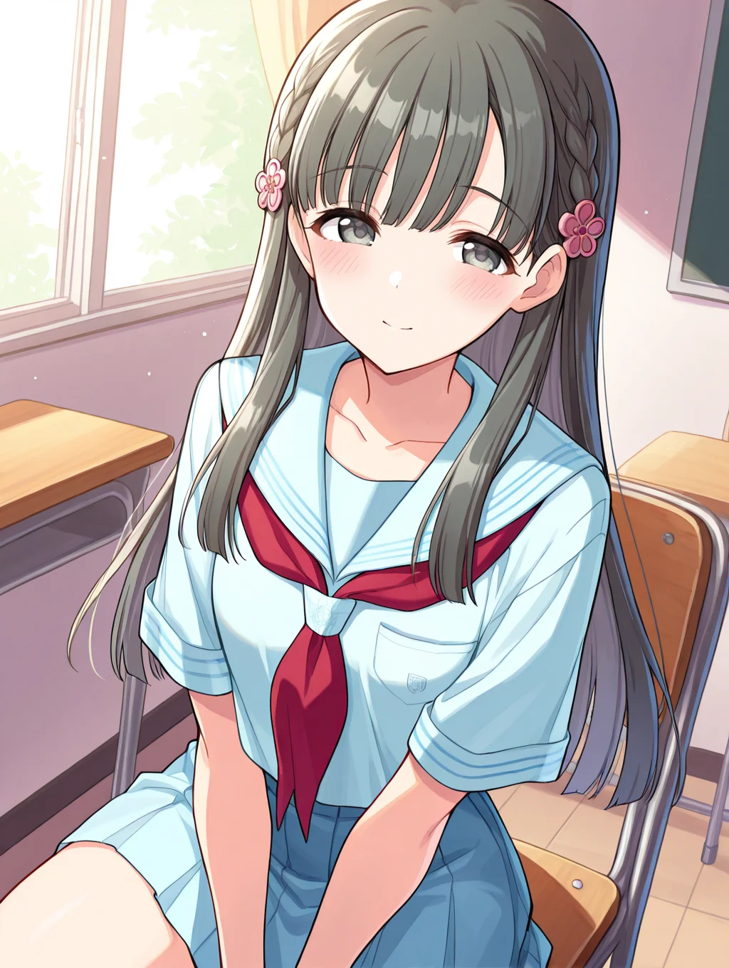 masterpiece,best quality,very aesthetic,absurdres,highres,newest,
1girl,solo,
kbykwse school,kobayakawa sae,bangs,blue skirt,blunt bangs,collarbone,flower,
grey eyes,black hair,
hair ornament,highres,long hair,
neckerchief,pleated skirt,sailor collar,school uniform,serafuku,shirt,short sleeves,skirt,white shirt,
blue sailor collar,blue serafuku,blue shirt,blush,red neckerchief,
eyebrows visible through hair,braid,
flower,hair flower,hair ornament,highres,
bangs,blunt bangs,bow,
<lora:idolmaster_kobayakawa_sae_ill_v1.0:1>,