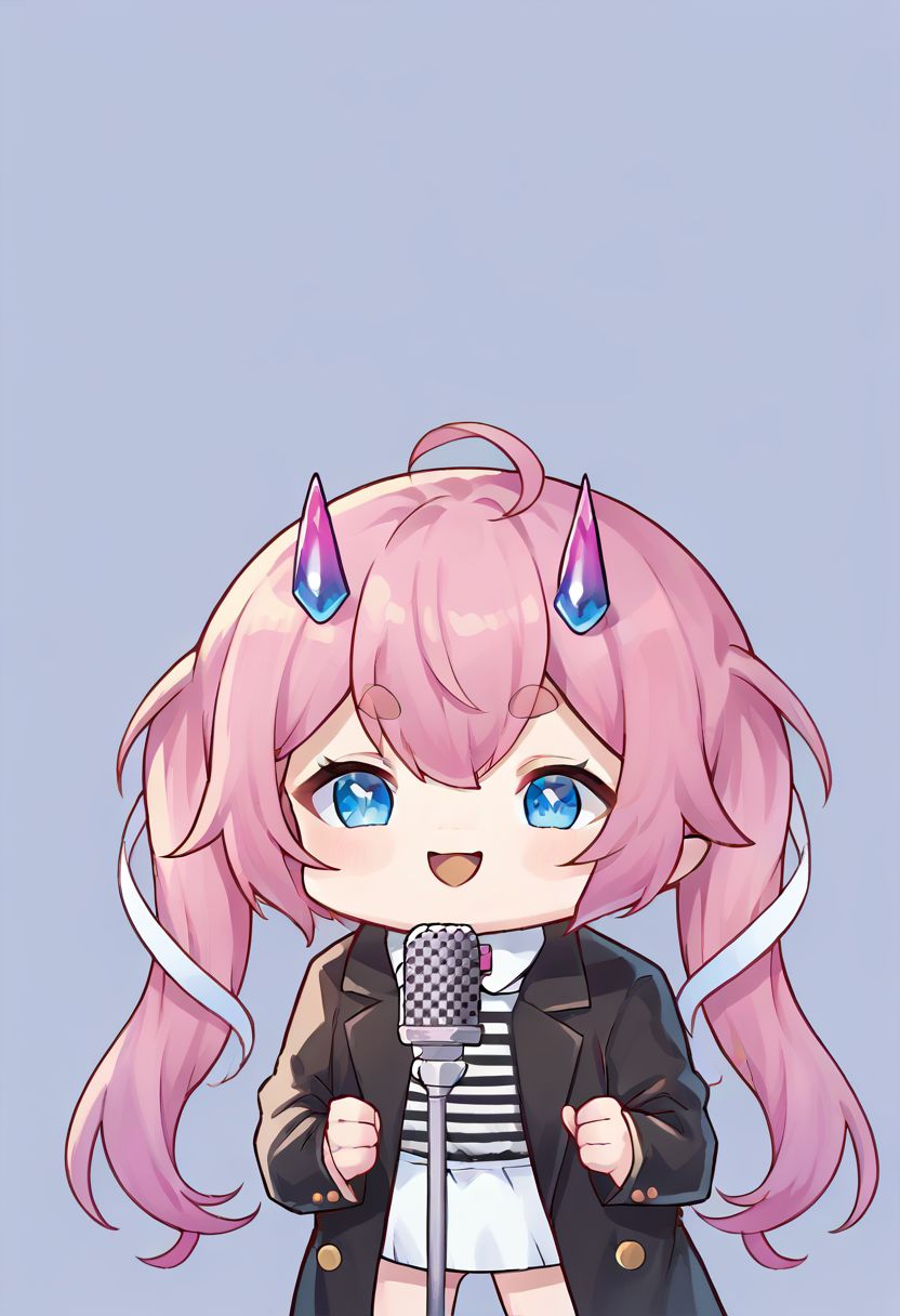 score_9, score_8_up, score_7_up, source_anime, 1girl, IncrsNeverGonnaGiveUUp, smile, looking at viewer, microphone stand, upper body, black jacket, striped shirt, open mouth, suit, open jacket, <lora:NeverGonnaGiveYouUp_XLPD:1>, <lora:Phdpigeon_XLPD:1>, chibi, dot eye, chibidoki, pink hair, twintails, blue eyes , thick eyebrows, horns <lora:chibidoki:0.8>