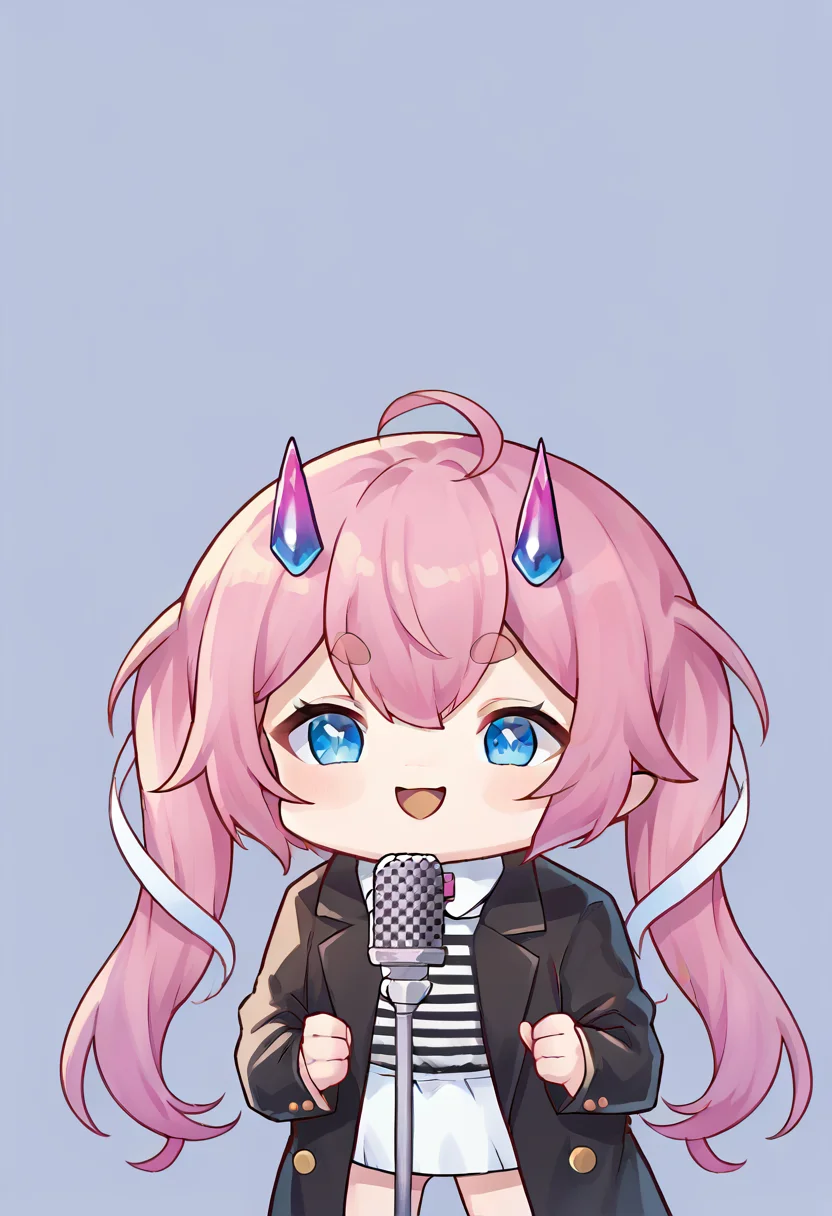 score_9, score_8_up, score_7_up, source_anime, 1girl, IncrsNeverGonnaGiveUUp, smile, looking at viewer, microphone stand, upper body, black jacket, striped shirt, open mouth, suit, open jacket, <lora:NeverGonnaGiveYouUp_XLPD:1>, <lora:Phdpigeon_XLPD:1>, chibi, dot eye, chibidoki, pink hair, twintails, blue eyes , thick eyebrows, horns <lora:chibidoki:0.8>