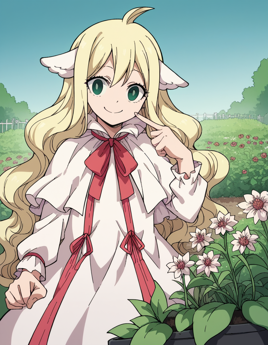 score_9, score_8_up, score_7_up, source_anime, <lora:mavis-vermillion-anime-ponyxl-lora-nochekaiser:1>, mavis, long hair, blonde hair, green eyes, ahoge, wavy hair, animal ears,, dress, white dress, collar, ribbon, red ribbon, capelet, long sleeves,, gardening, watering plants, backyard, flowers blooming, sunny day,, smile, , hand pointing index finger, solo,, cowboy shot, dutch angle