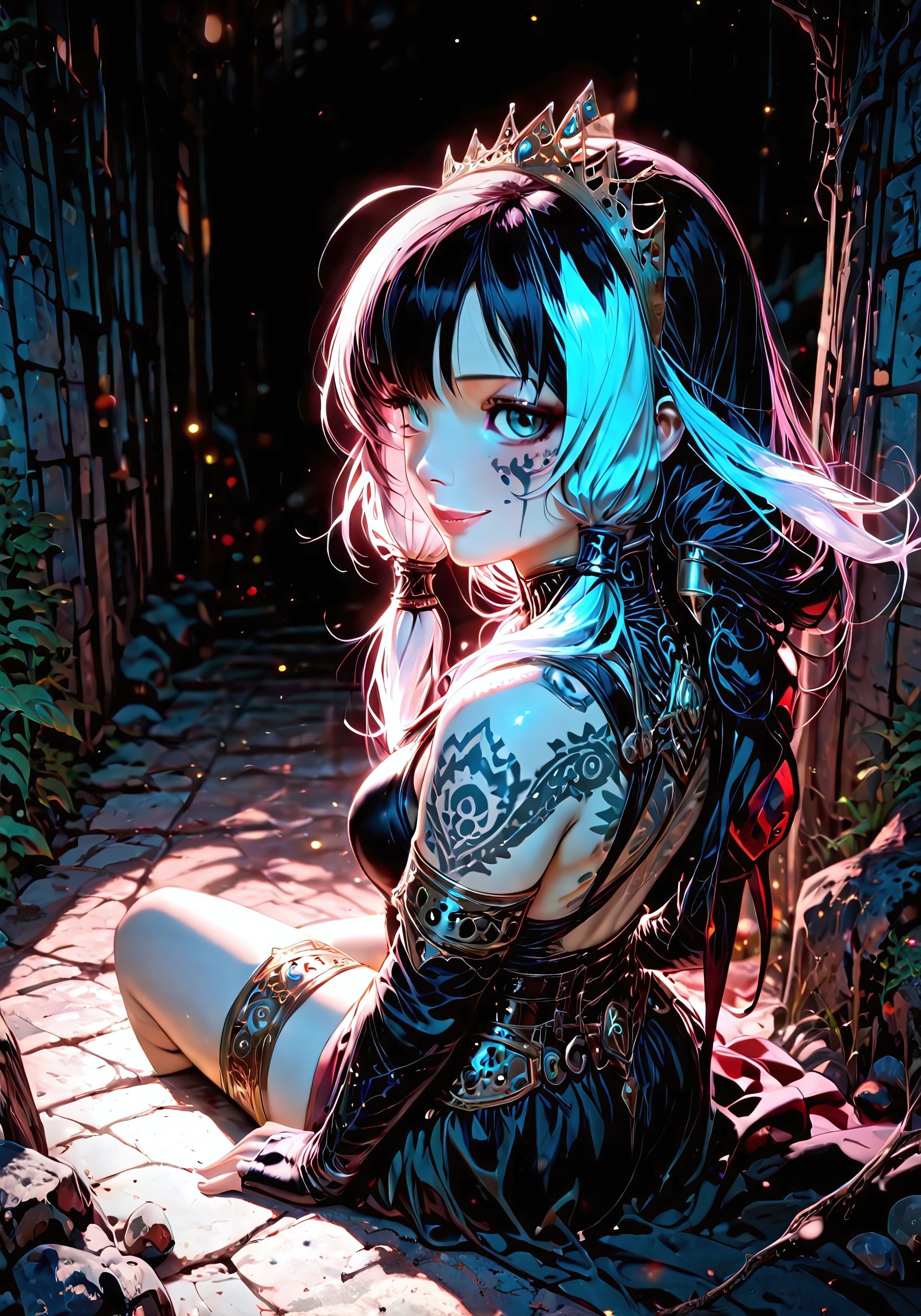 lazypos, ultra realistic, masterpiece, high detailed skin, fantasy, best quality, high res, very aesthetic, anime style, studio anime, pompt - best quality,amazing quality, very aesthetic, absurdres, createconcept, addmicrodetails, M4gicalL1nes, sweet smile, DarkFantasy, character focus, Tattoo on face, Crown, gothic fantasy princess, beautiful girl, sitting on ancient stone path, dark gothic outfit, mechanical tattoos on shoulder and arm, detailed golden accessories, metallic crown, glowing blue and pink rim lighting, two-tone hair (white and black), glowing eyes, soft smile, dramatic lighting, glowing embers, fantasy ruins, extremely detailed face, cinematic color grading, ultra detailed, high resolution, 4K

<lora:CreateConcept_Illustrious:1>